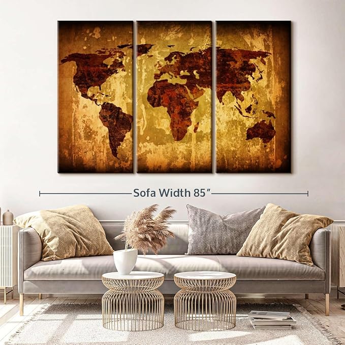 ElephantStock Vintage World Map Wall Art Multi Piece Canvas - 3 Piece Canvas World Map Wall Decor -Wall Decor - Ready-to-Hang Print - Vintage Wall Art - 74" X 48"