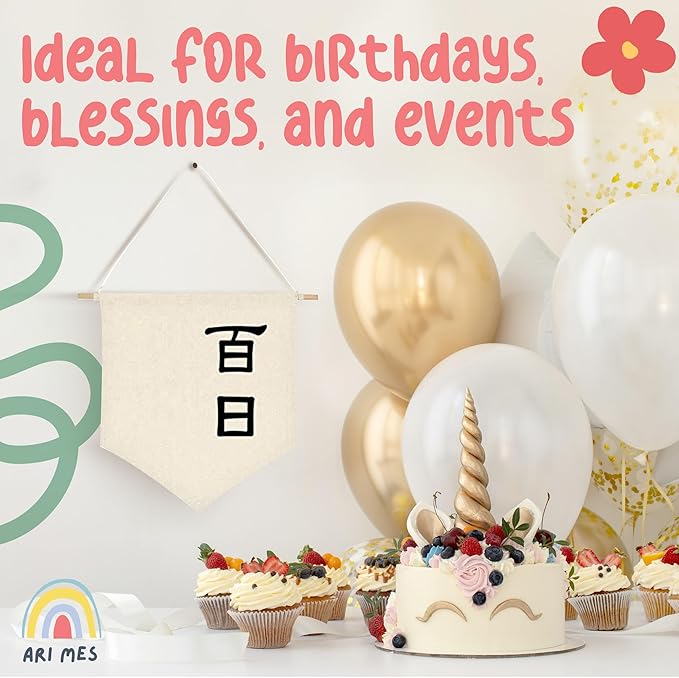 ARI MES - Wall Hanging Canvas Flag Banner for 100 Days Celebration, Korean Dohl Baby Decor, 100 Days Banner for Baby Room, 100 Day Korean Decorations, 100th Day Decorations for Baby, Korean-Classic