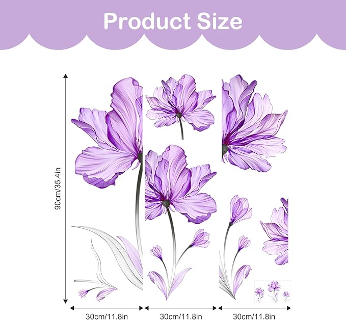 Tanlaby Purple Flowers Wall Stickers Large Floral Blossom Wall Decals Plants Wall Sticker Self-Adhesive Removable Wall Art Sticker for Living Room Bedroom Offices Bathroom Wall Decoration