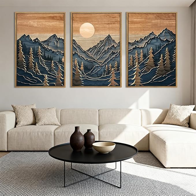 Anyzal Large Mountain Forest Wall Art Decor Framed Vintage Artwork Mid Century Modern Art Print for Living Room Bedroom Office 16x24 Inch Set of 3