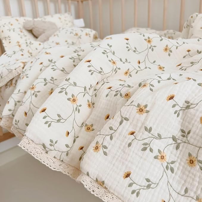 BuLuTu Muslin Toddler Quilt Cute Baby Comforter for Crib, Soft Lightweight Muslin Blankets for Girls Boys, Wildflower Pattern, 47"x59"