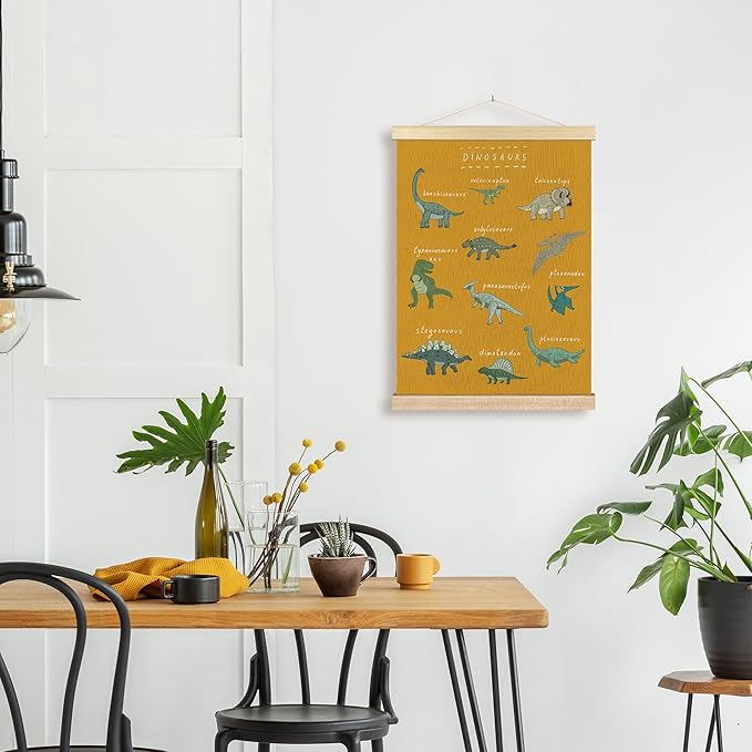 BCUANGD Dinosaur Dino Wall Decor - Yellow Baby Toddler Boys Room Wall Art Poster Hanger with Wood Frames, Inspirational Wall Hanging Canvas Decor for Kids Room Nursery Bedroom, 12x16 Inches