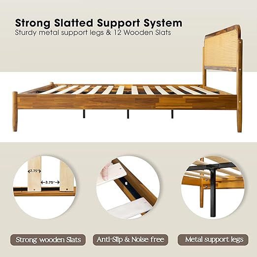 King Size Bed Frame Solid Wood Platform Bed with Headboard & Footboard, 12 Sturdy Slatted Base, Metal Legs, No Box Spring Needed, Noise-Free & Slip-Free, Easy Assembly, Acacia Honey Finish, JMK-38