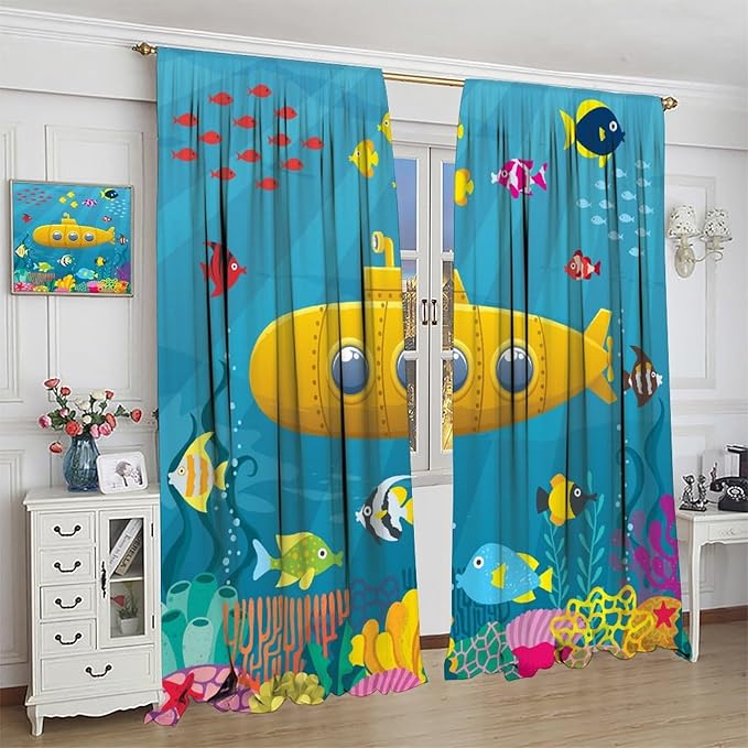 Boy Window Curtains Submarine Window Drapes Yacht Window Treatments Underwater World Oasis Thermal Drapes for Kids Girls Toddler Teens Room Dorm Decor Set 2 Panels,84x84 Inches, Style-1
