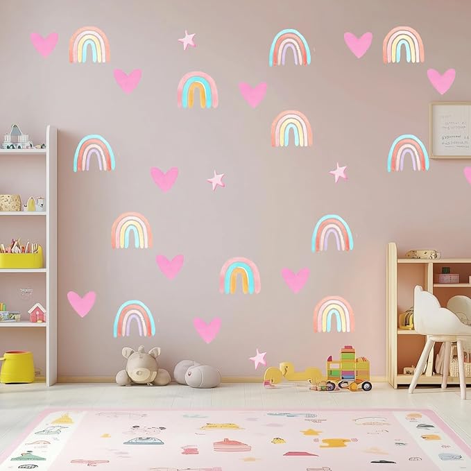 8 Pcs Rainbow Wall Decals, Watercolor Wall Stickers Large Size Art Peel and Stick, Nursery Kids Room Wallpaper Decor for Boys Girls Bedroom Playroom Classroom Mural Art Blue and Pink