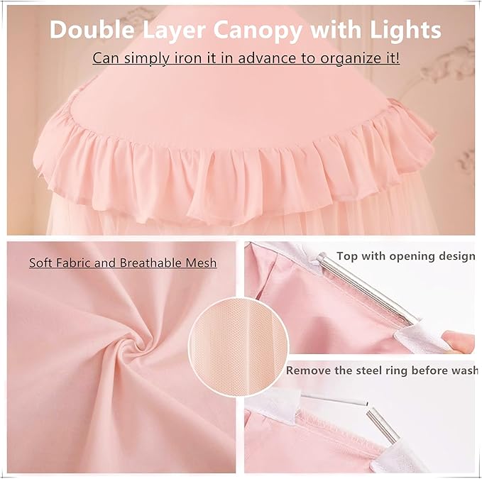 Eimilaly Princess Bed Canopy for Girls, Double Layer Canopy with 250pcs Warm White Curtain Lights, Fits Twin/Full Bed - Fairy Bed Tent for Kids Room Decor,Pink