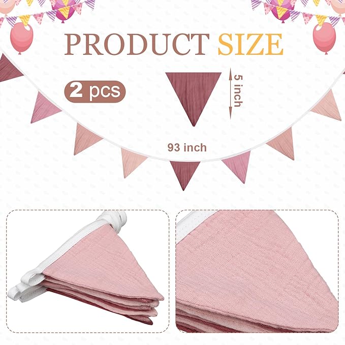 Oudain 15.5 ft Pennant Banner Flags, 2 Pcs Nursery Garland Triangle Bunting Flag Baby Banner for Nursery Decor Baby Shower Birthday Boho Wedding Party Event, Each 7.75 ft (Pink Color)