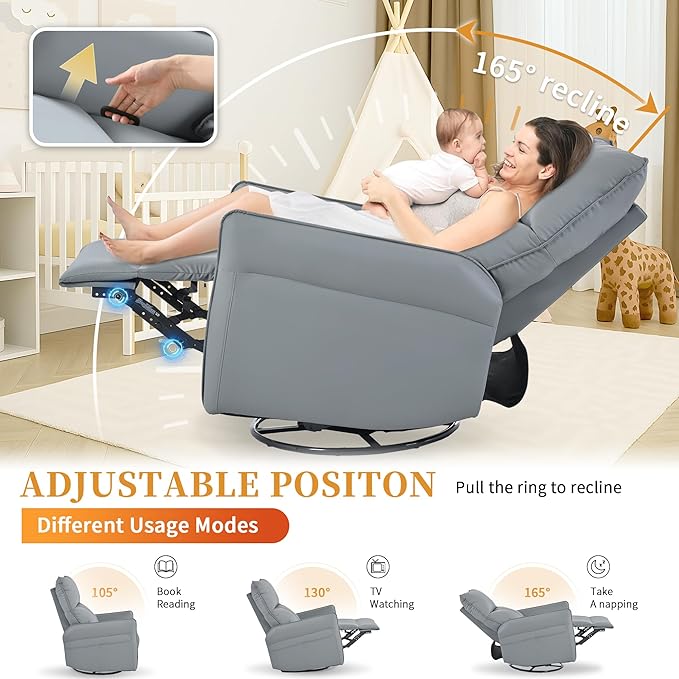 Glider Chair for Nursery, 360° Swivel Rocker Recliner with Side Pocket, Leather Manual Rocking Chair for Living Room, Bedroom, Small Spaces