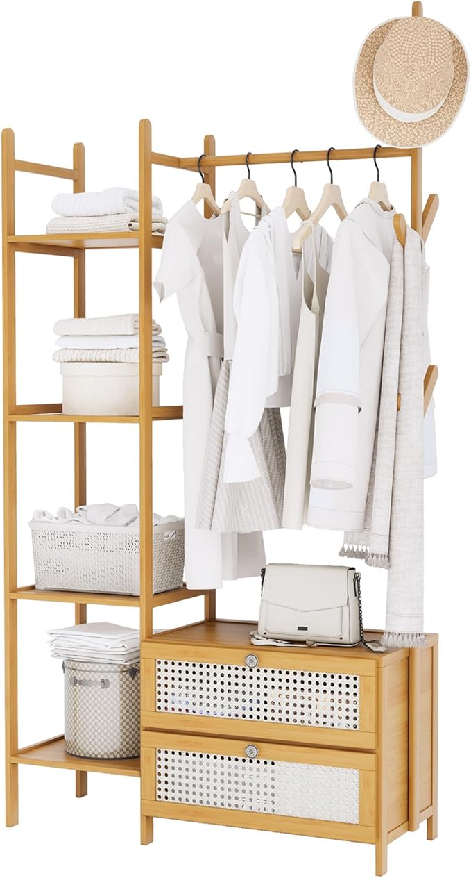 Bamboo Clothes Rack,Garment Rack with Drawers and Shelves,5 Tier Storage Shelves with 6 Hanging Hooks,Wardrobe Closet for Entryway Guestroom Kids Bedroom (31.5inch Width Natural with Rattan Door)