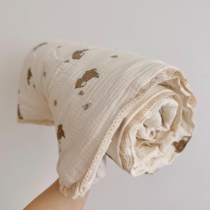 BuLuTu 100% Muslin Toddler Quilt Thin Crib Comforter Girls Boys Quilted Blankets, 60"x78", 2.5 Pounds, Soft Breathable Muslin Cotton Quilts, Bee Bear Pattern, Machine Washable