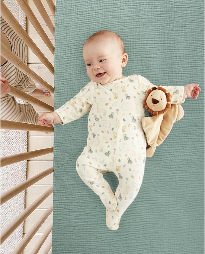 lulumoon Baby Muslin Crib Sheets: Soft & Breathable Fitted Crib Sheets for Boys - Green Leaf Sheets for Standard Crib 2Pack