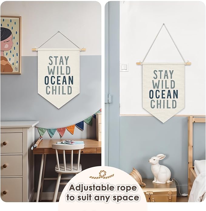 Wheatwin Ocean Nursery Decor, Stay Wild Ocean Child Wall Hanging Pennant Flag Banner, Coastal Beach Wall Decor for Kids Boys Girls Toddler Nursery Room Bedroom Playroom 15x11 Inch