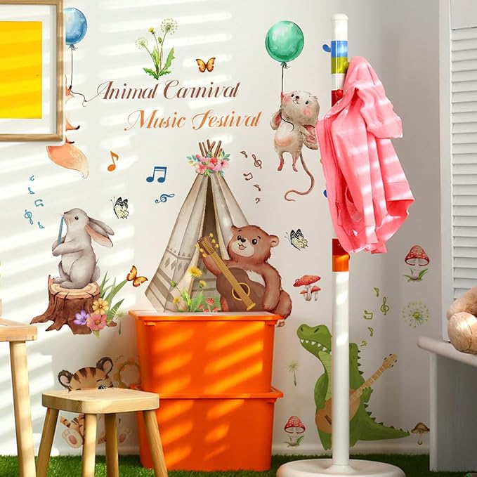 Animal Wall Decals Peel and Stick Bear Crocodile Wall Sticker Removable Safari Tiger Wall Decal Music Wall Stickers for Bedroom Nursery Classroom