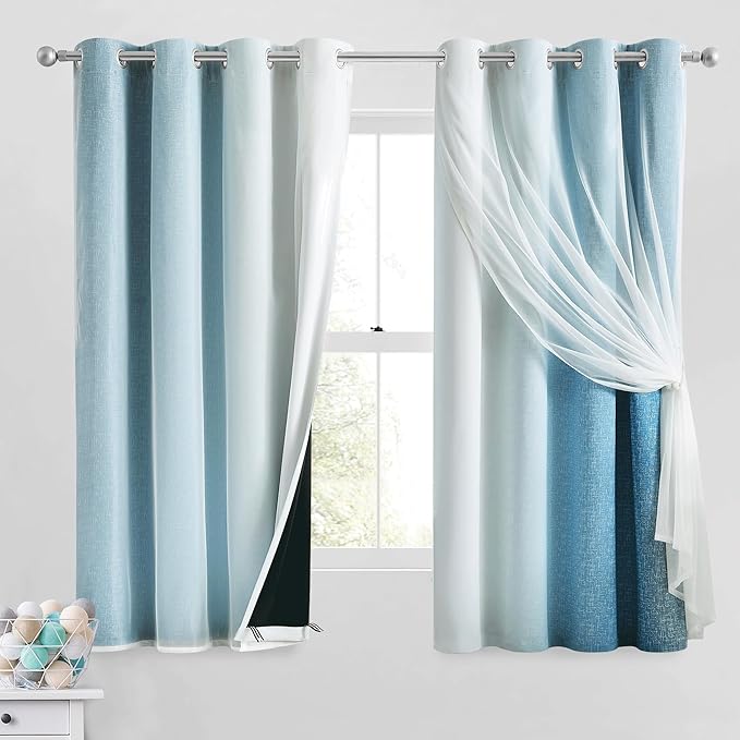 100% Blackout Curtains with Sheer Overlay Mix and Match Double Layer Drapes 63 Inch Length 2 Panels for Bedroom Living Room Blue White Ombre Grommet Window Treatment with Tiebacks