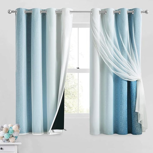 100% Blackout Curtains with Sheer Overlay Mix and Match Double Layer Drapes 63 Inch Length 2 Panels for Bedroom Living Room Blue White Ombre Grommet Window Treatment with Tiebacks