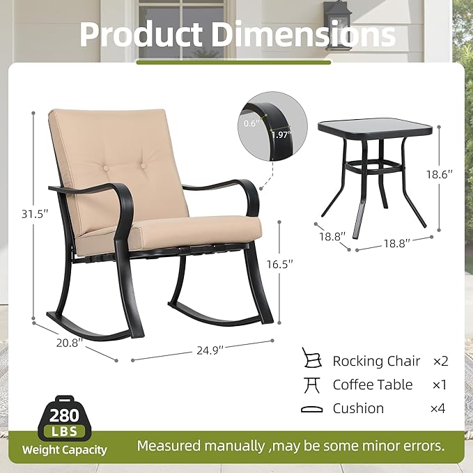 SUNCROWN Outdoor 3-Piece Rocking Chairs Patio Bistro Set Black Steel Furniture with Thickened Cushion and Glass-Top Coffee Table, Brown