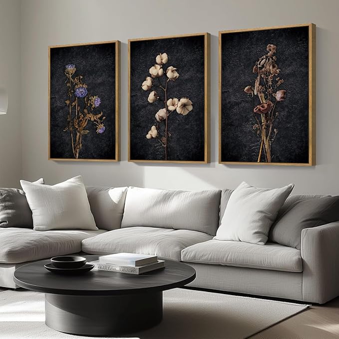 Anyzal Large Dark Moody Wall Art Framed Black Dried Floral Wall Decor Vintage Wildflower Artwork Prints for Living Room Bedroom Office 16x24 Inch Set of 3