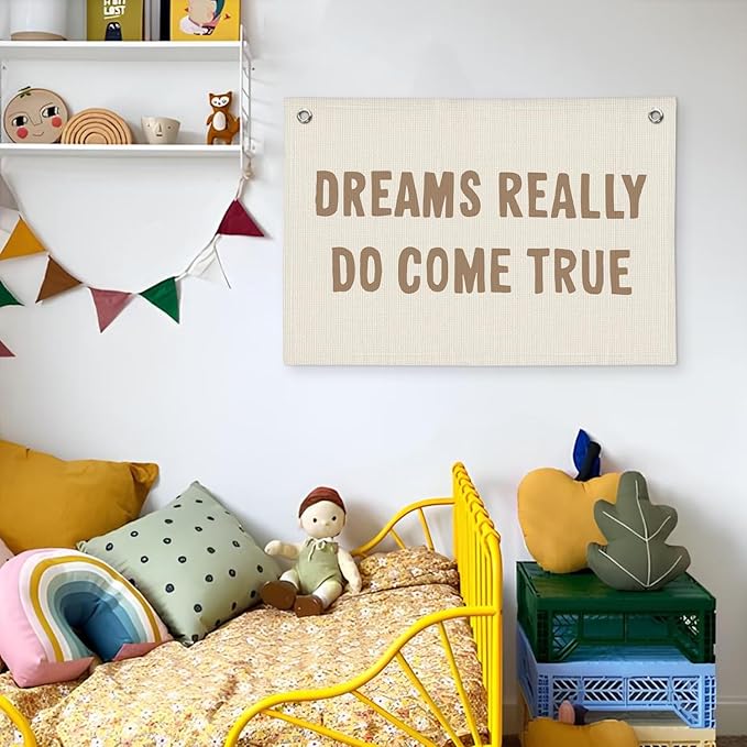 Motivational Positive Banner, Dreams Really Do Come True Linen Banner Wall Hanging Banner Flag Decor For Boy Girl Kids Room Nursery Playroom
