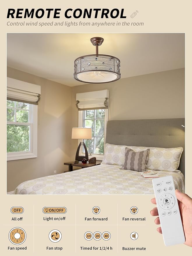 20" Farmhouse Fandelier Ceiling Fan with Light, Rustic Chandelier Ceiling Fans with Lights Remote Control, Caged with 6 Speeds for Bedroom, Living Room, Nursery