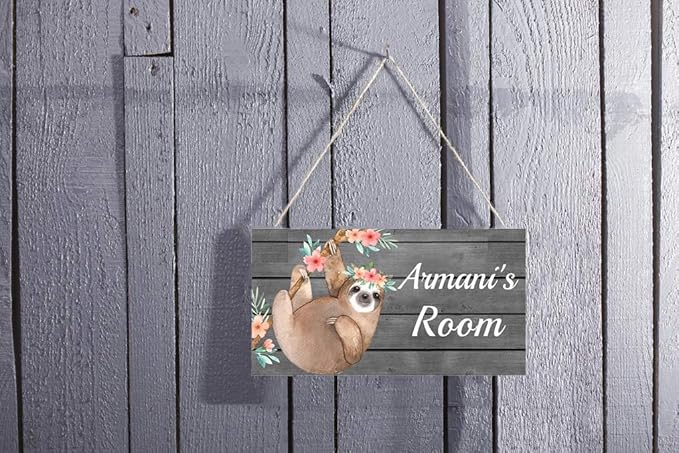 XIUXZMM Personalised Floral Sloth Door Sign Bedroom Sign Custom Name Sign Customized Nursery Kids Baby Room Decor