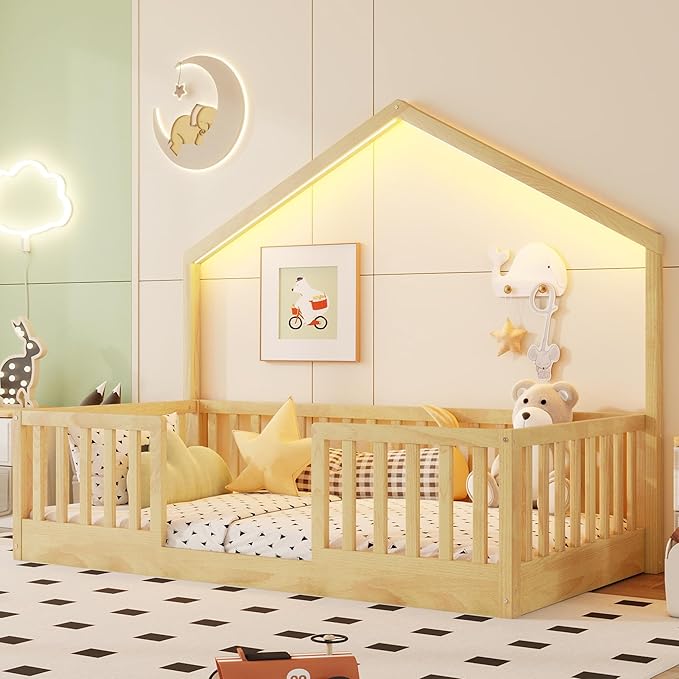 Twin Size House Bed for Kids, Low Profile Montessori Bed Twin with High Railings, Wood House Shape Montessori Beds with Light & Roof for Kids, Natural