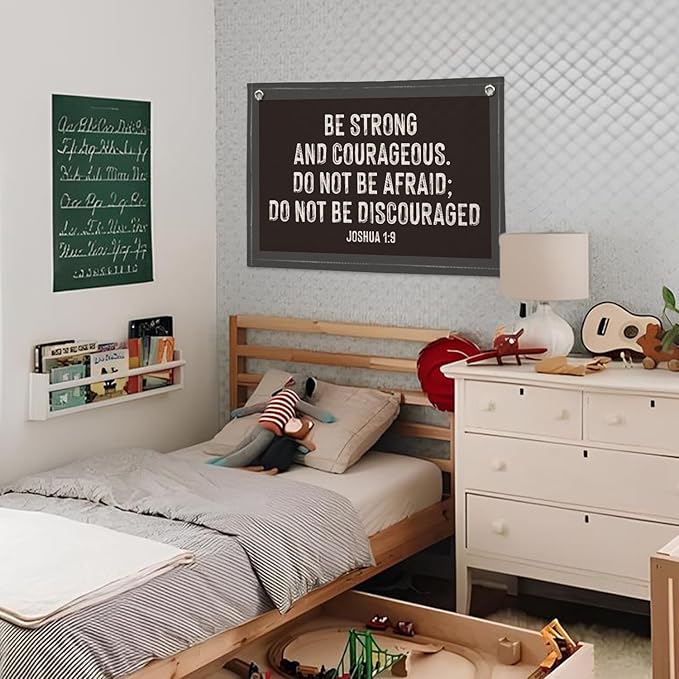 Christian Wall Art, Be Strong and Courageous Bible Verse Banner, Inspirational Linen Canvas Banner Wall Hanging Decor for Toddler Boys Room Nursery Playroom, Religious Gift for Kids