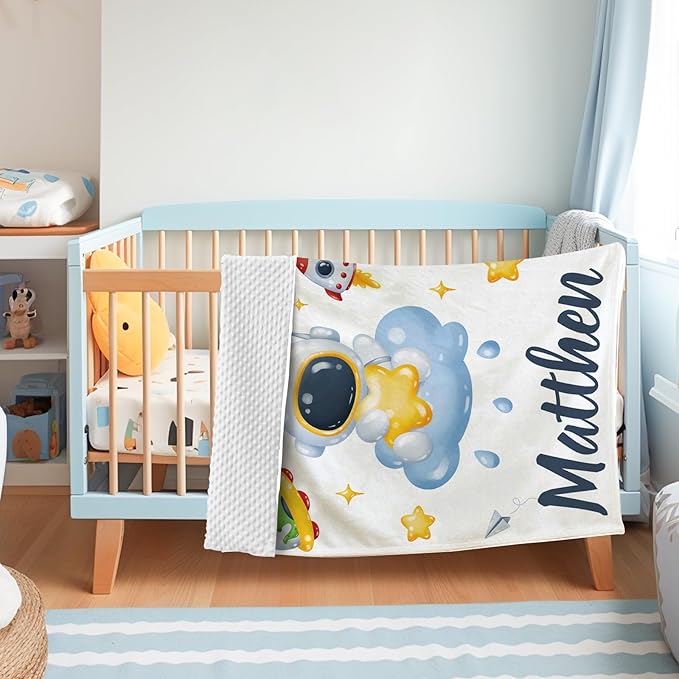 Personalized Baby Blanket with Name, Custom Space Astronaut Theme Blanket for Kids, Soft Flannel Bed Throw Blanket Swaddle for Newborn, Customizable Baby Gift & Nursery Blanket(30”x40)