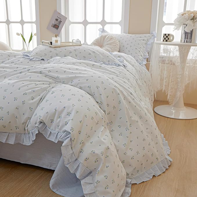 LifeTB Ruffle Duvet Cover Chic Floral Lace Duvet Cover Twin Cute Blue Flower Comforter Cover Girls Princess Lace Bedding Cover Botanical Floral Comforter Cover Ruffle Cottagecore Bedding Set Twin