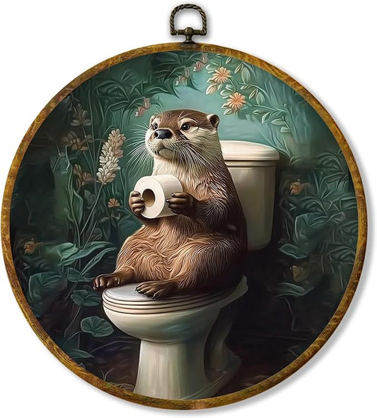 Hiuwevt Otter Toilet Bathroom Round Wall Art Decor, Funny Floral Sea Otter Hanging Canvas Prints Artwork Framed, Vintage Green Botanical Animal Circular Wall Decor for Bathroom, 10x10 Inch
