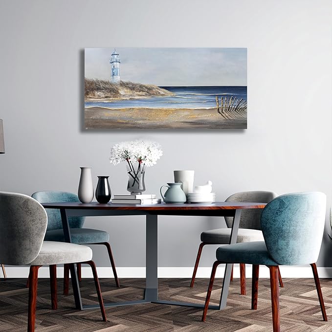 Yuaxker Ocean Wall Art Blue and Gold Modern Wall Decor Ocean Beach and Beacon Landscape Canvas Painting Artwork for Living Room Bedroom Bathroom Office 24x48 inch