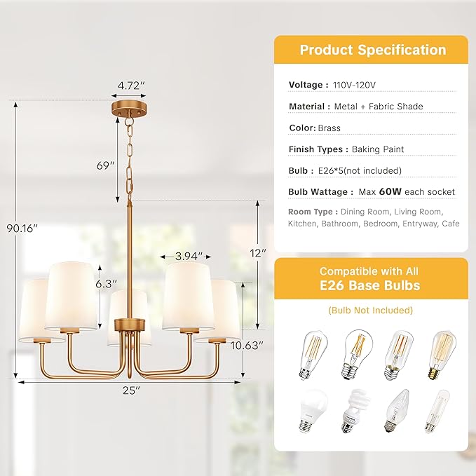Farmhouse Chandelier, 5-Light Brass Chandelier with White Fabric Shade, Height Adjustable Modern Dining Room Light Fixture with E26 Base for Bedroom Foyer Hallway Entryway Kitchen Living Room