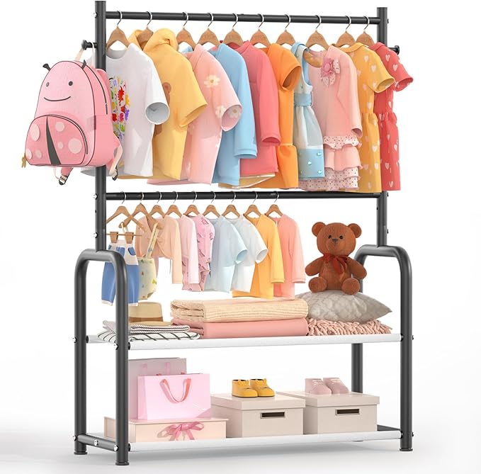 Kids Clothing Rack with 2-Layer Storage Shelf and 2 Adjustable Hanging Rods, Small Baby Closet Organizer for Hanging Clothes, Kids Dress Up Rack for Child (Classic, Black)