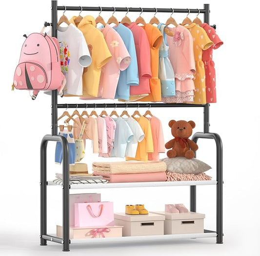 Kids Clothing Rack with 2-Layer Storage Shelf and 2 Adjustable Hanging Rods, Small Baby Closet Organizer for Hanging Clothes, Kids Dress Up Rack for Child (Classic, Black)