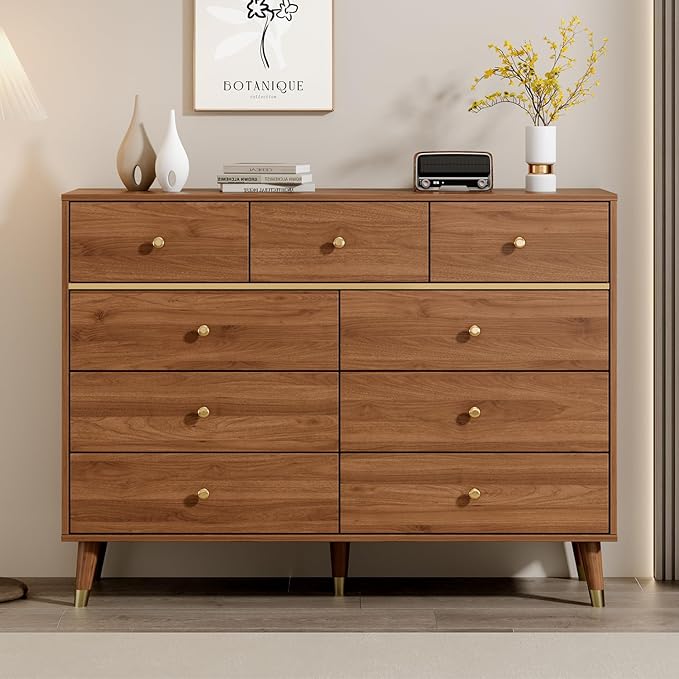9 Drawers Dresser for Bedroom,35.4" Tall Wood Rustic Modern Chest of Drawers with Natural Texture,with Anti-Tipping Device, Storage Dressers Organizer for Bedroom, Living Room,Chestnut