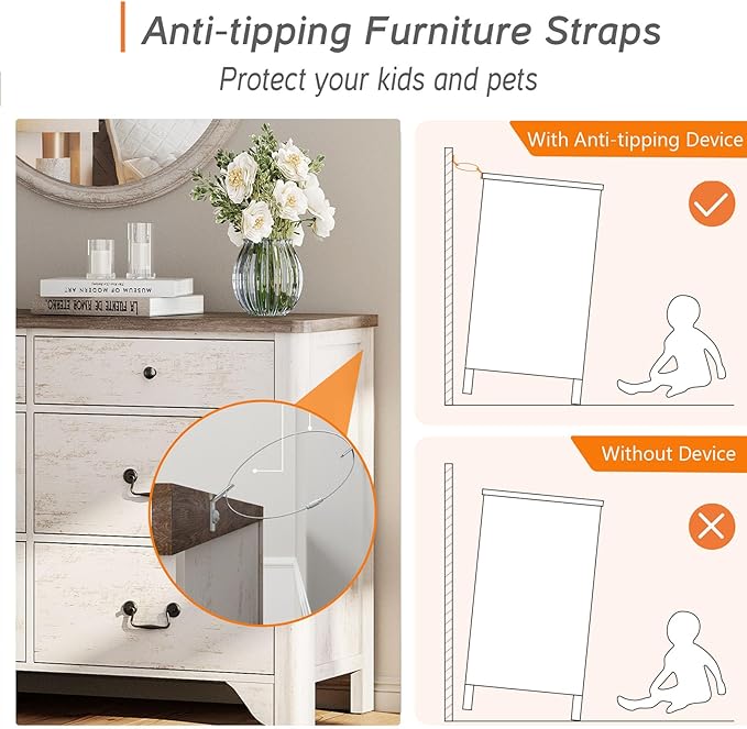 WAMPAT Baby Dresser with 6 Drawers for Bedroom, 47.2“ Wide Farmhouse Dresser with Large Drawers for Bedroom, Living Room, Hallway, White