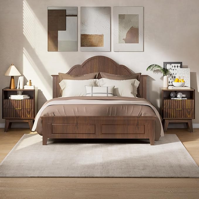 Nightstands with Charging Station, Modern Fluted 2 Drawers End Tables, Side Tables with Storage Shelf for Bedroom, Office, Walnut