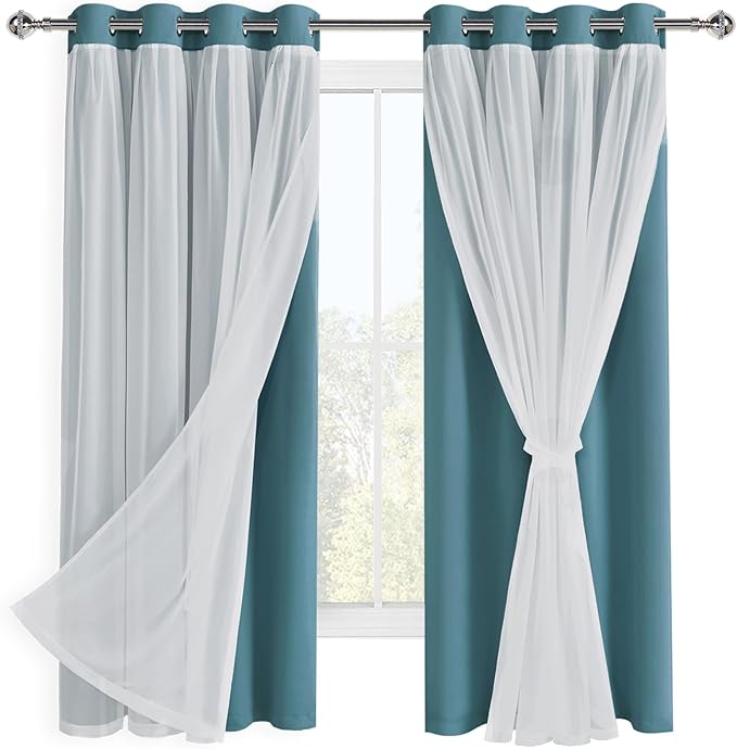 Hiasan Blackout Curtains with Sheer Overlay, Thermal Insulated Privacy Mix & Match Double Layer Window Curtains for Girls Bedroom, Living Room, 2 Drape Panels with Tiebacks,Stone Blue, 52W X 63L