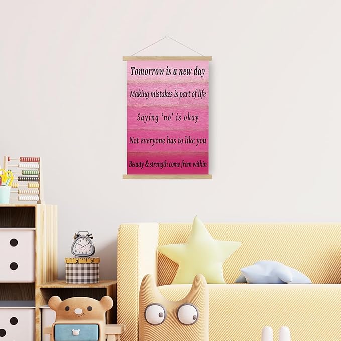Qswo Inspirational Quotes Wall Decor for Women,Tomorrow Is a New Day Pink Wall Art Poster Hanger Frame,Motivational Hanging Canvas Wall Decor for Girl Room Home Office