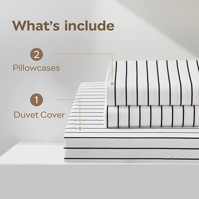 JELLYMONI 100% Natural Cotton 3pcs Striped Duvet Cover Sets, White Duvet Cover with Thin Black Stripes Pattern Printed Comforter Cover, with Zipper Closure & Corner Ties(Full Size)