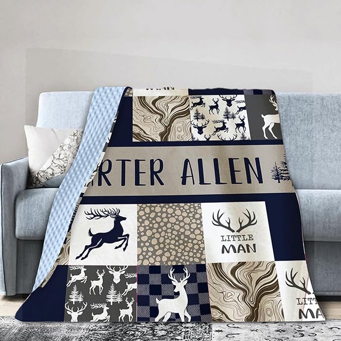 Personalized Baby Blanket with Name – Woodland Antlers Theme Navy Soft Receiving Blanket for Newborn Boys Girls, Custom, Cozy Nursery Decor for Toddlers