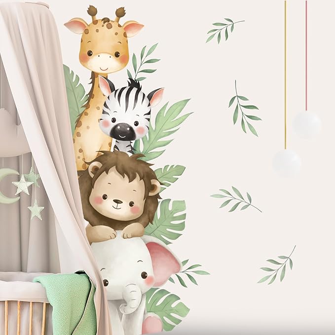 SHUCHING Watercolor Jungle Animal Wall Decals Peel and Stick, Vinyl Safari Elephant Lion Giraffe Zebra Wall Sticker, Wall Decor Art for Nursery Baby Playroom Kids Bedroom