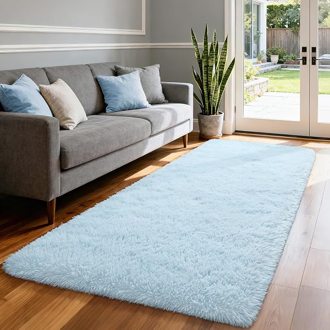 Merelax Soft Fluffy Rugs for Bedroom Living Room, 2x6 Hallway Runner Rugs, Furry Shag Bedside Area Rug Indoor Accent Floor Carpet, Plush Fuzzy Rug for Dorm Nursery Kids Room Decor, Baby Blue
