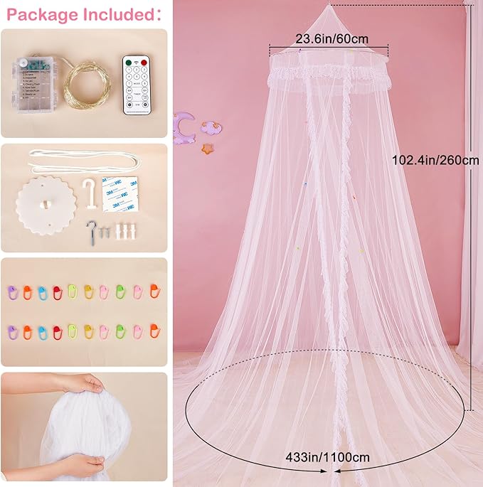 Beinou Bed Canopy for Girls with Timer Remote Canopy Bed with Lights Breathable Net Canopy for Bed Kids Girls Room Decor,White