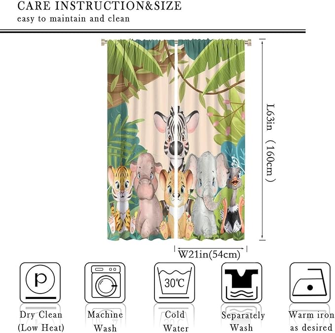 Animals Curtains Colorful Forest Cartoon Cute Zebra Tiger Elephant for Kids Boys Girls Nursery Bedroom Living Room Blackout Rod Pocket Decoration Window Drapes 2 Panels W21xL63in