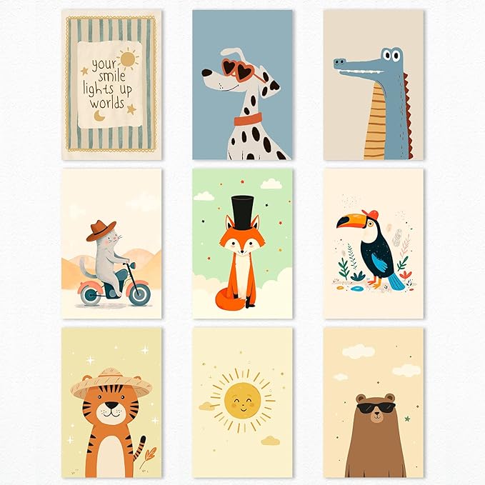 9 Pieces Nursery Animals Canvas Wall Art, Kids Room Fashion Sunglasses Dog and Bear Poster, Cute Crocodile Fox Cat and Lion Picture, Warming Sunshine Print for Baby Bedroom Playroom 8x12in Unframed