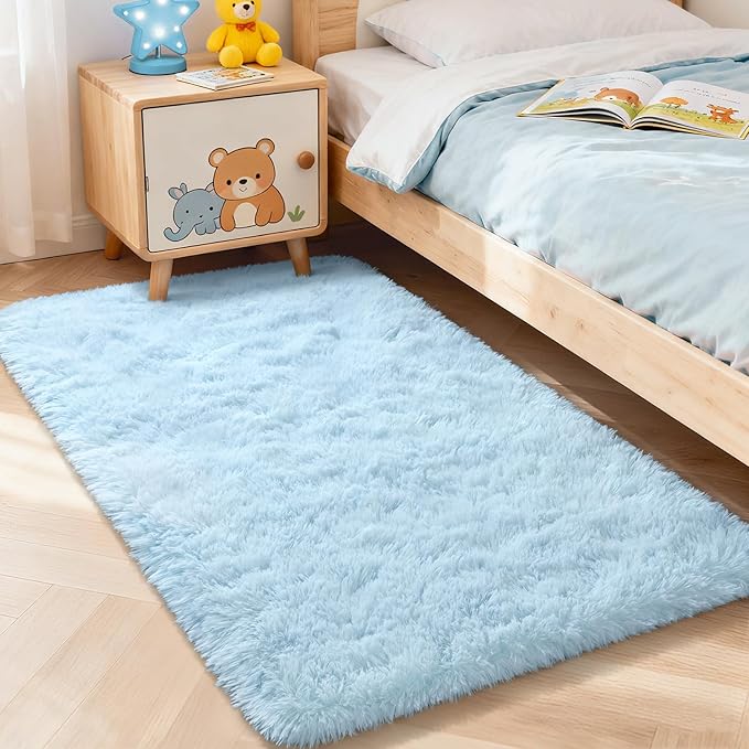 Merelax Soft Modern Indoor Shaggy Area Rug for Bedroom Livingroom Dorm Kids Room Home Decorative, Non-Slip Plush Fluffy Furry Fur Rugs Comfy Nursery Accent Floor Carpet 3x5 Feet, Baby Blue