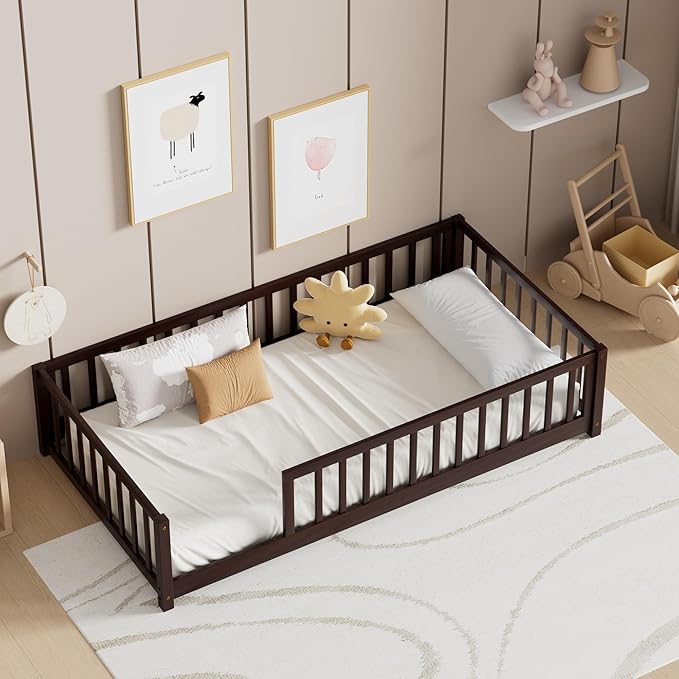 LLS Twin Floor Bed for Children, Durable Montessori Floor Bed with Sturdy Slats and Safety Fence, Solid Wood Floor Bed Frame for Girls Boys and Teens, Espresso (Without Door)