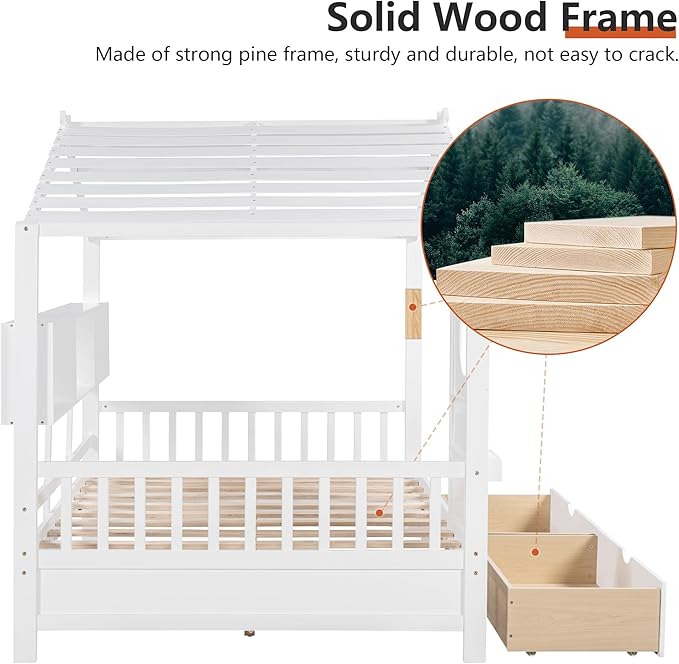 Full Size Bed Frames for Kids, House Bed with Window and Fence, Wood Platform Bed Frame with Drawers and Shelves, Playhouse Bed for Boys Girls, White, 78" L x 58" W x 72" H
