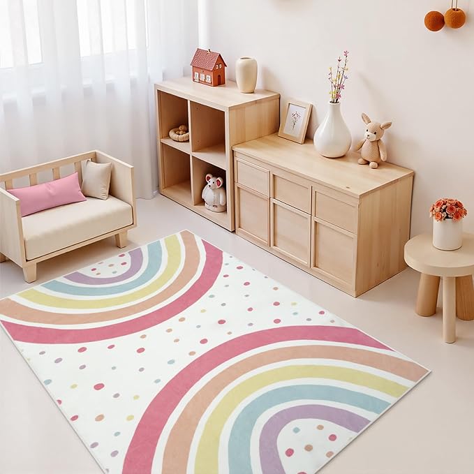 STARUIA Washable Rainbow Rug for Girls Bedroom, Colorful Rug 4x6 Area Rugs for Nursery Kid Room, Non-Slip Soft Polka Dot Carpet Kids Rugs for Classroom Playroom Tent Castle