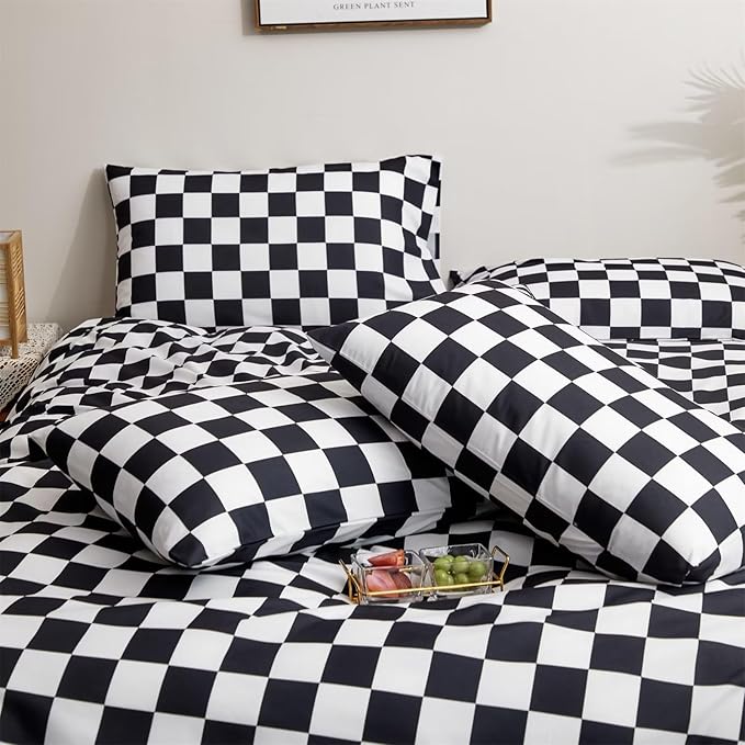 Houseri Black and White Duvet Cover Queen Plaid Black Grid Duvet Covers Queen Size Teen Boys Men Modern Black White Checkerboard Bedding Duvet Cover Full Black Buffalo Checkered Bedding Sets Queen